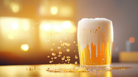 Close-up of frothy beer in a pint glass, bar lighting softly glowing in background.の素材