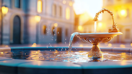 Classic drinking fountain with ornate metalwork, water flowing into a shallow basin in a European plaza.の素材