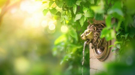 Victorian-style drinking fountain with a bronze lion head spout, framed by greenery in an old park.の素材