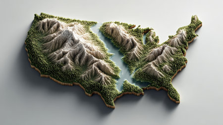 3D rendered map of US and Canada with topographic elevations, mountains and lakes emphasized, realistic geographic visualizationの素材