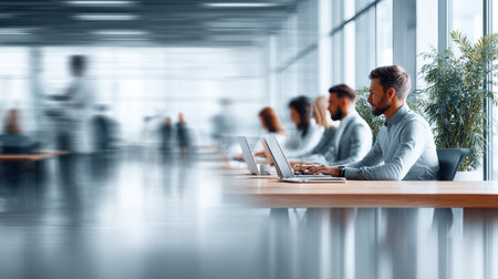 Blurred office background showing busy employees working on laptops, capturing a dynamic corporate environmentの素材