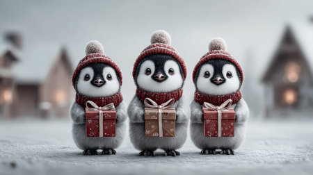 Adorable penguins dressed as elves carrying Christmas gifts across a snowy arctic village, festive mood with blank spaceの素材