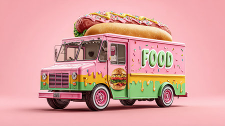 Colorful food truck poster with bold typography, mouth-watering food images, and bright background, designed to attract hungry customersの素材