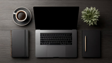 Black Friday flyer design on a desk surrounded by coffee cup, laptop, and notepad, mock-up for online business dealsの素材