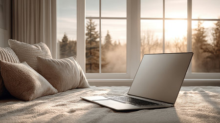 Back of a laptop resting on a soft cushion near a window with natural light creating soft shadowsの素材