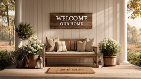 Bright 'Welcome to Our Home' sign on a cozy front porch with flowers, doormat, and soft lighting, warm and inviting atmosphereの素材