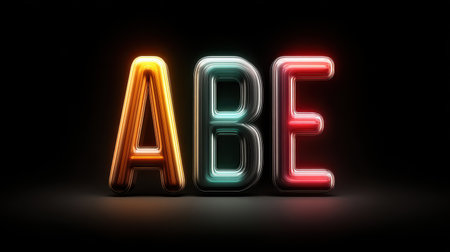 Alphabet sign letters made from neon tubes in various colors, glowing against a dark background for nightclub vibeの素材