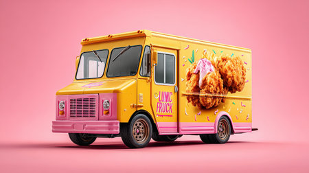 Colorful food truck poster with bold typography, mouth-watering food images, and bright background, designed to attract hungry customersの素材