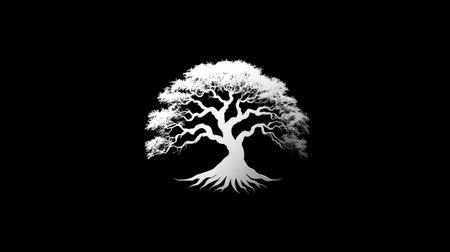 Circular tree silhouette logo with intertwining branches, representing growth and unity for community-focused brandsの素材