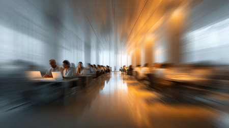 Blurred office background showing busy employees working on laptops, capturing a dynamic corporate environmentの素材