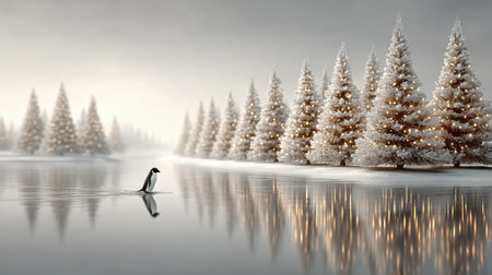 Penguin sliding on ice past a row of Christmas trees decorated with golden lights, winter wonderland feel with copy spaceの素材