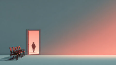 Classroom with chairs stacked and a student walking out the door, quiet finality of the school year with space for textの素材