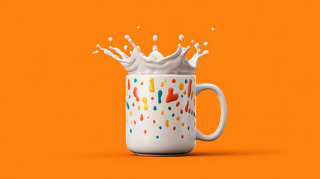 Bright mug mockup with colorful paint splashes design, isolated on vibrant solid color backgroundの素材
