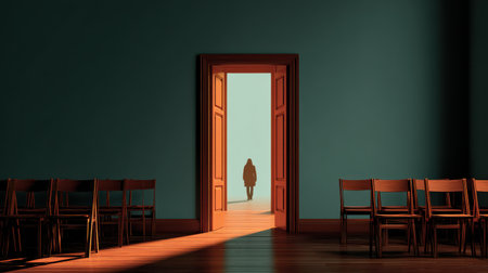 Classroom with chairs stacked and a student walking out the door, quiet finality of the school year with space for textの素材