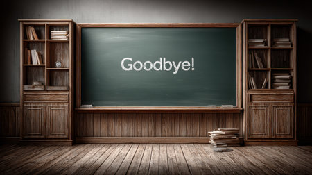 Chalkboard reading 'Goodbye!' in an empty classroom, symbolic image of the last day of school with copy spaceの素材