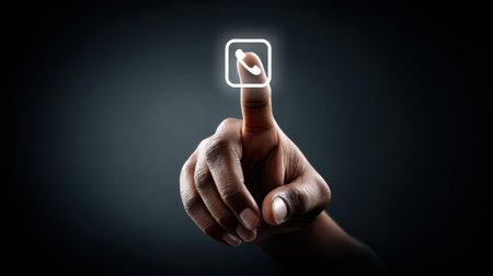 Hand pressing phone line icon on touchscreen device, emphasizing mobile calling and user interactionの素材