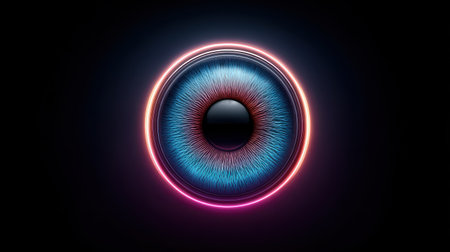 Futuristic camera eye logo with holographic colors and neon glow on dark background, digital media themeの素材