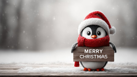Penguin wearing red scarf and Santa hat holding a 'Merry Christmas' sign in a wintry scene, perfect for holiday messages with space for textの素材