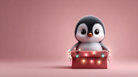 Cartoon penguin popping out of a gift box surrounded by colorful Christmas lights, festive background with room for textの素材