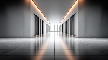 Blurred office corridor background with soft lighting, emphasizing depth and space for text overlaysの素材