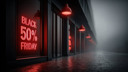 Storefront window decorated with bold Black Friday discounts, red price tags, and glowing signage, retail atmosphereの素材