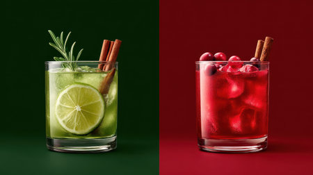 Festive holiday cocktail menu with red and green accents, cinnamon sticks, and seasonal drink namesの素材