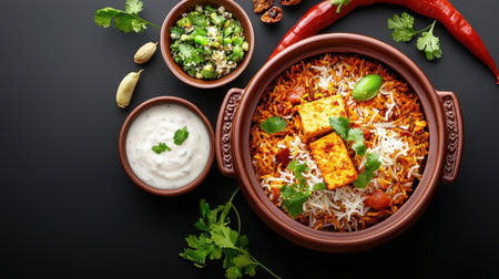 Paneer biryani served in a traditional clay pot with a side of cooling raita, perfect for an Indian festive meal.の素材