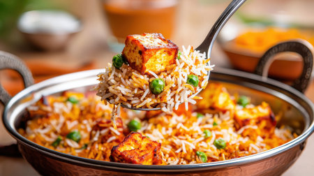 A serving spoon full of flavorful paneer biryani being lifted from a pot, with visible chunks of paneer and fragrant rice.の素材
