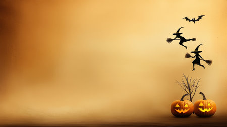 A vintage Halloween background with faded black-and-orange hues, featuring old-style jack-o'-lanterns and classic witch silhouettes flying on brooms.の素材