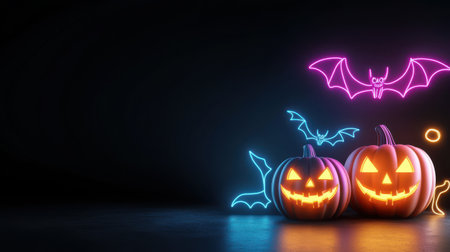 Neon jack-o'-lanterns and bats glowing against a black background, creating a stylish and trendy Halloween neon aesthetic.の素材