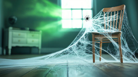 Halloween spider web background with webs covering old furniture in an abandoned room, illuminated by a faint green glow.の素材