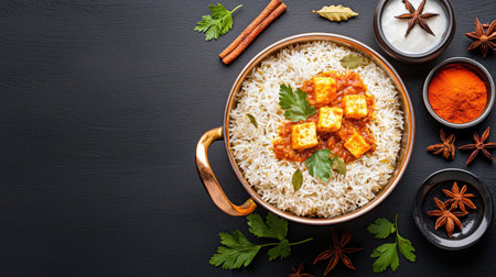 An overhead shot of a freshly cooked paneer biryani in a traditional copper pot, surrounded by spices and herbs.の素材