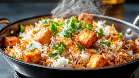 Paneer biryani being garnished with freshly chopped cilantro and fried onions before serving, showcasing the vibrant colors of the dish.の素材