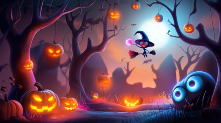 Cartoon-style haunted forest with glowing eyes in the trees, cheerful pumpkins, and a happy witch flying on her broomstick.の素材
