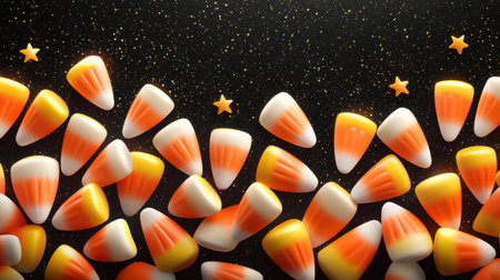 A vibrant Halloween background filled with scattered candy corn in bright orange, yellow, and white, set against a black backdrop with tiny stars.の素材