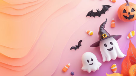 A pastel Halloween background with soft tones of orange, pink, and purple, featuring cute witches, friendly bats, and candy corn scattered throughout.の素材