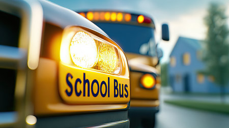A detailed close-up of the front of a school bus, focusing on the headlights, front grille, and bold "School Bus" text.の素材