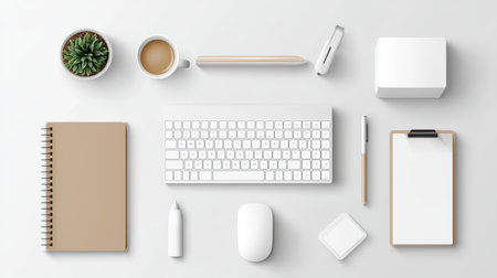 A flat-lay of a computer and workspace essentials, including a wireless mouse, notepad, and coffee cup, emphasizing productivity and focus.の素材