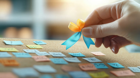 A close-up of a hand pinning a mental health awareness ribbon on a corkboard, surrounded by supportive messages and notes.の素材