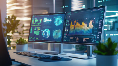 A desktop computer with dual monitors displaying detailed data charts in a clean, corporate office environment.の素材
