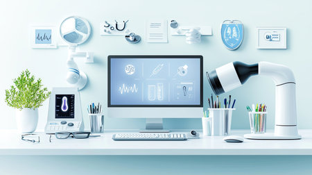 A doctors office setup for a virtual consultation, with a webcam, computer, and various medical devices ready for use.の素材