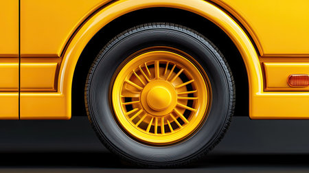 A close-up of a school bus wheel isolated, highlighting the texture of the tire and the shiny metal hubcap.の素材