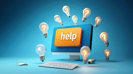 A cartoon-style computer with a "help" button, surrounded by floating question marks and lightbulbs, representing tech troubleshooting.の素材