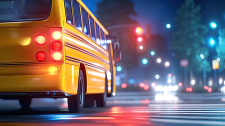 A close-up of the back of a school bus at night, with the red brake lights illuminating the scene as it comes to a stop at a crosswalk.の素材