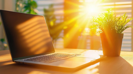A closed laptop resting on a wooden desk, with sunlight streaming through a window, creating a calm and productive atmosphere.の素材