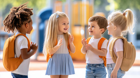 A group of kids wearing backpacks, smiling and chatting excitedly on the school playground before class.の素材