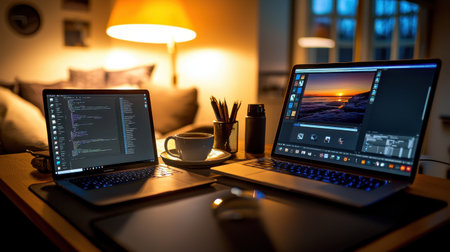 A laptop and desktop computer side by side in a cozy home office, with a cup of coffee and personal decorations on the desk.の素材