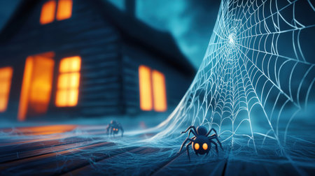 A Halloween-themed background featuring large, eerie spider webs covering a dark, abandoned house, with shadows lurking in the corners.の素材