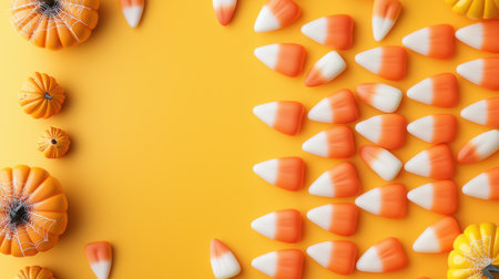Candy corn neatly arranged in rows to form a vibrant, colorful Halloween background, with small decorative pumpkins and cobwebs in the corners.の素材