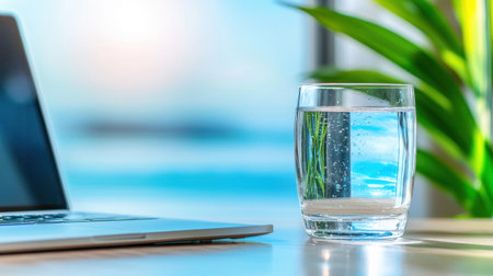 A glass of water sitting next to a laptop on a work desk, suggesting a healthy habit during a busy workday.の素材